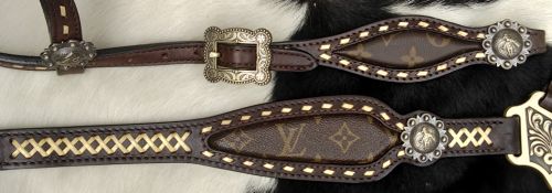 Klassy Cowgirl Argentina Cow Leather Re-Purposed Louis Vuitton Headstall and Breast Collar Set with gold leather lacing #2